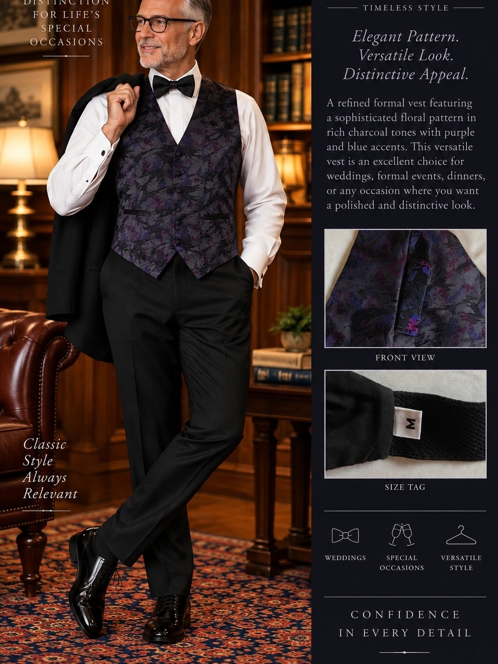 Men's Charcoal Purple Floral Formal Vest – Size Medium – Wedding Tuxedo